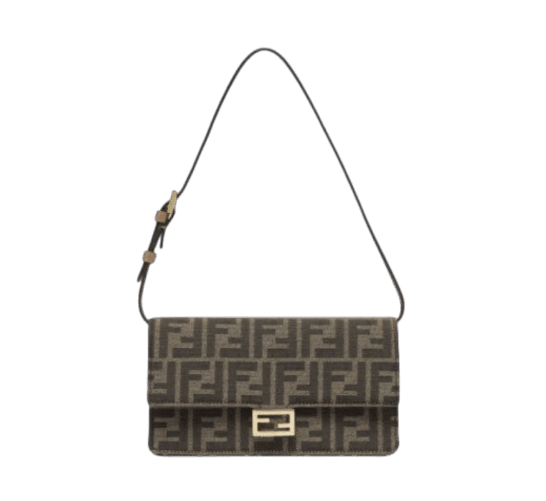 PORTAFOGLIO A CATENA BAGUETTE IN TESSUTO FF MARRONE