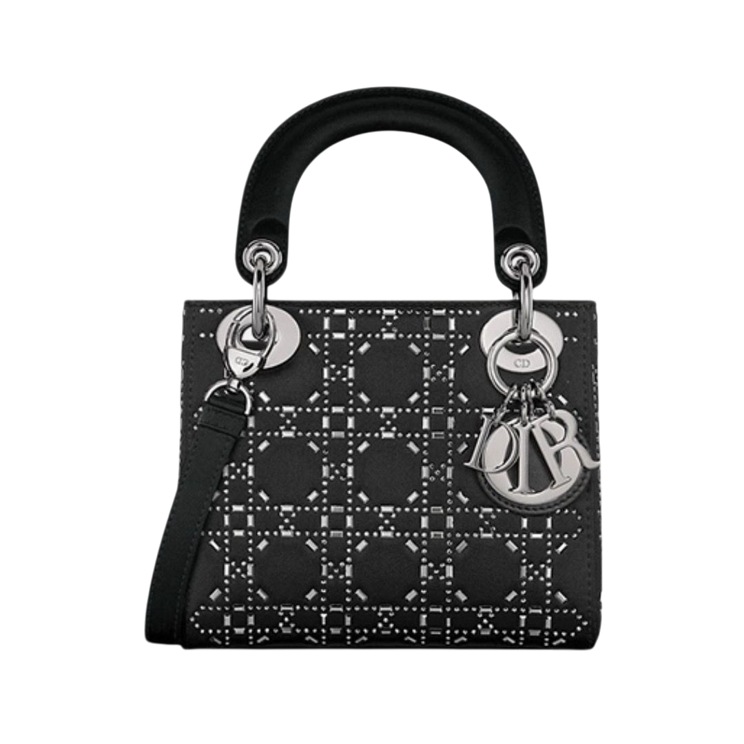 BORSA - DIOR SATIN CANNETÈ NERO CON STRASS